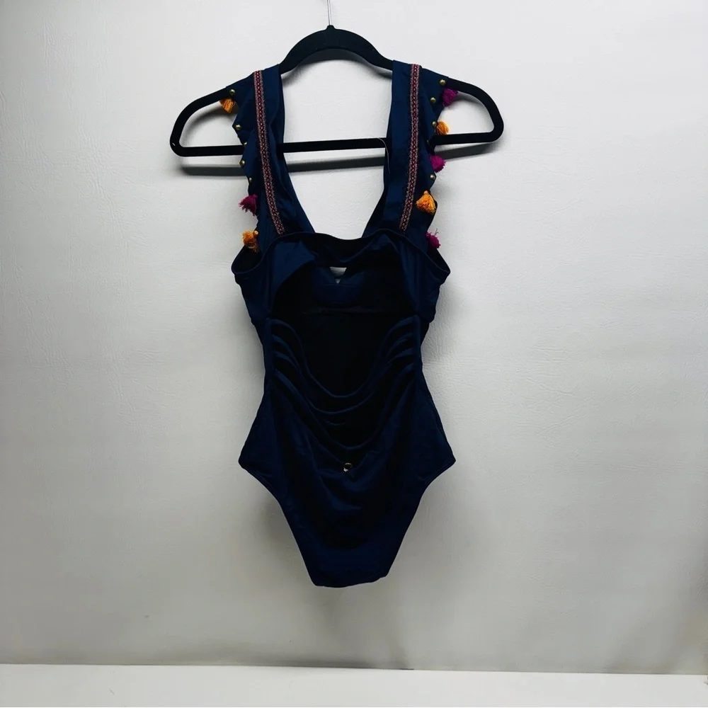 ONDA DE MAR Women’s size M Navy Swimsuit with Colorful Tassels